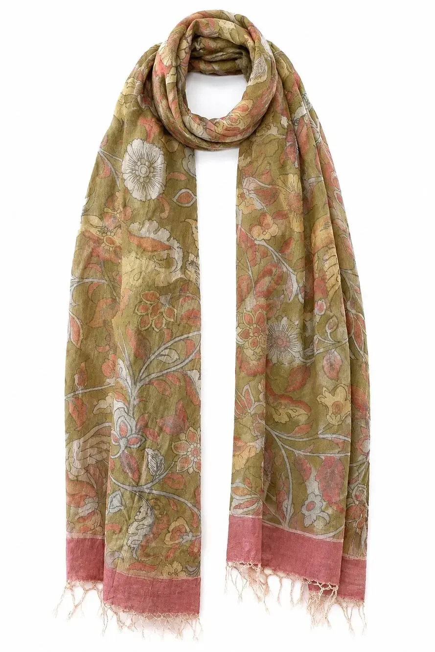 Boho Floral Bird Print Lightweight Scarf Wrap Shawl Fringe Olive Pink